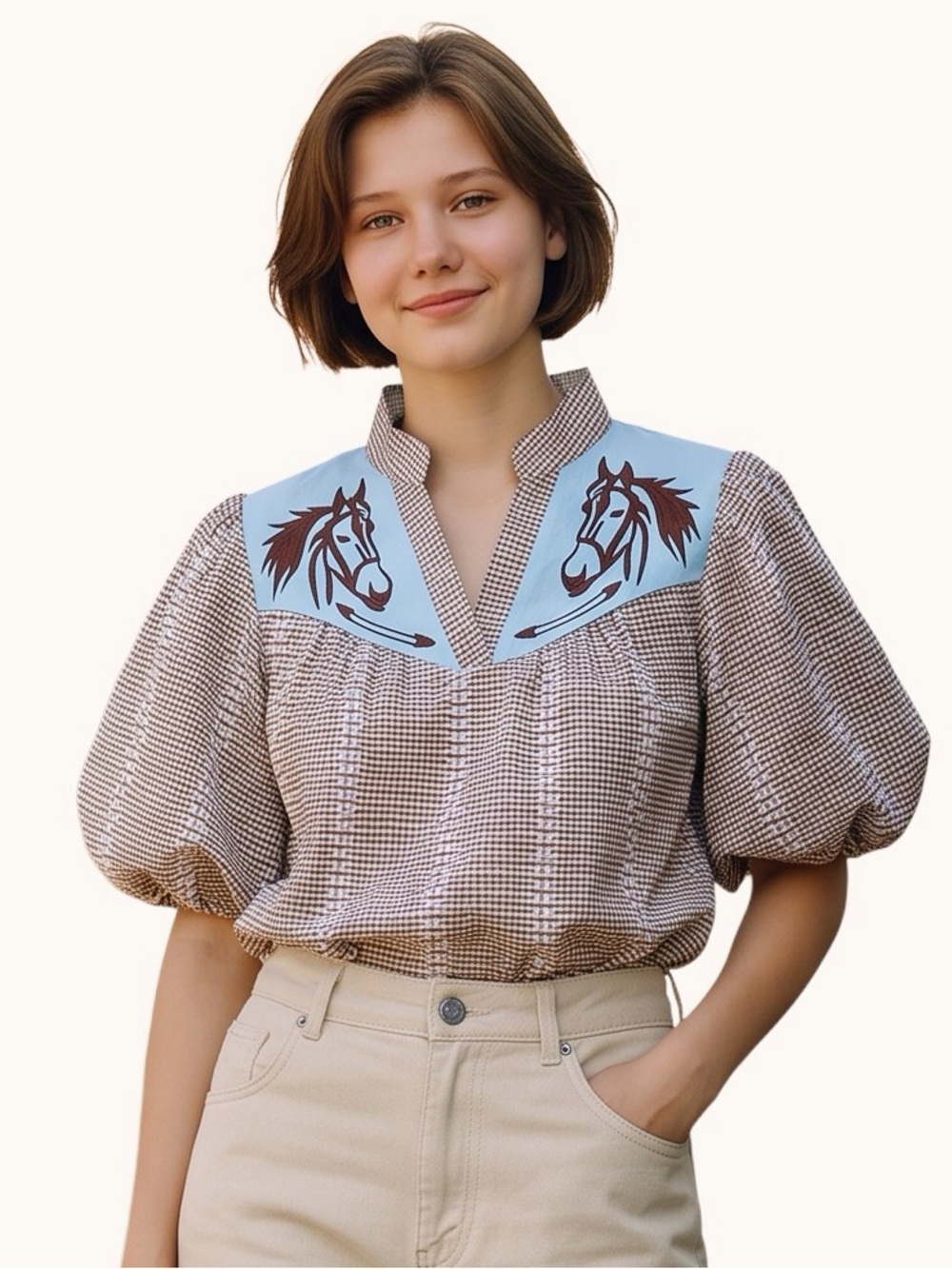Women’s Western Puff Short Sleeve Ruffle V-neck Top Horse Blue/Brown Size-M NEW
